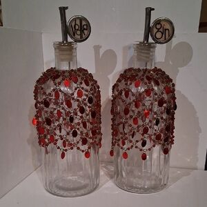 Vintage Glass Liquor Bottles with Red Beaded Covers
